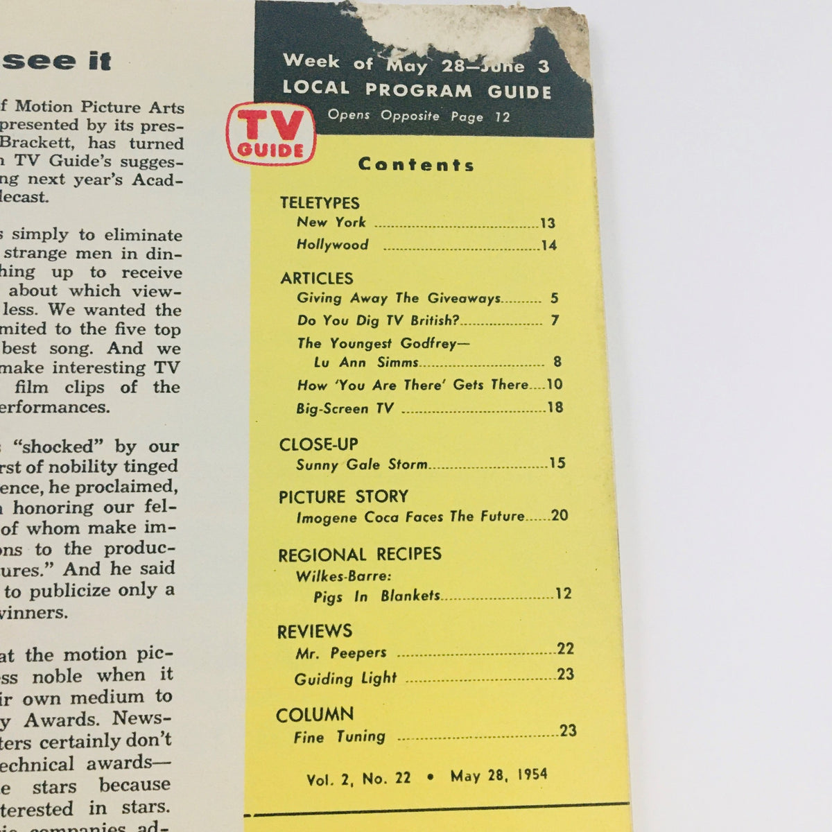 TV Guide Magazine May 28 1954, Volume 2, Number 22, featuring local program guide contents, including articles and regional recipes from the mid-20th century.