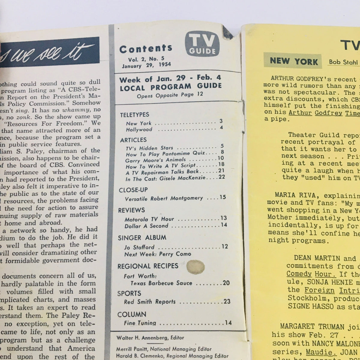 Image of the contents page from the TV Guide Magazine dated January 29, 1954, Volume 2, Number 5, featuring articles on television programs, a close-up on versatile film actor Robert Montgomery, reviews, and regional recipes.