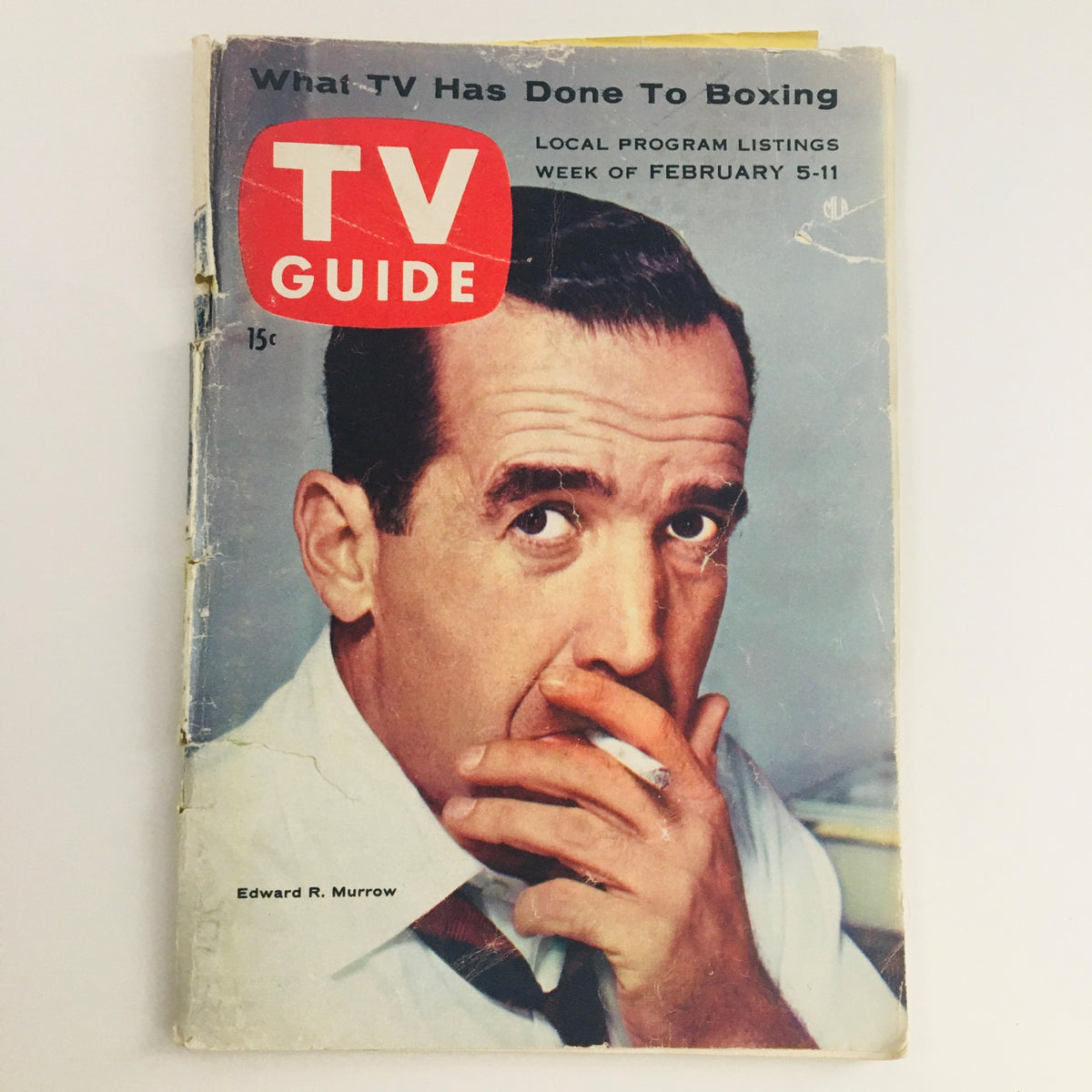 Cover of TV Guide Magazine, February 5, 1955, Vol 3 #6, featuring a portrait of American broadcaster Edward R. Murrow, highlighting the theme 'What TV Has Done To Boxing'.