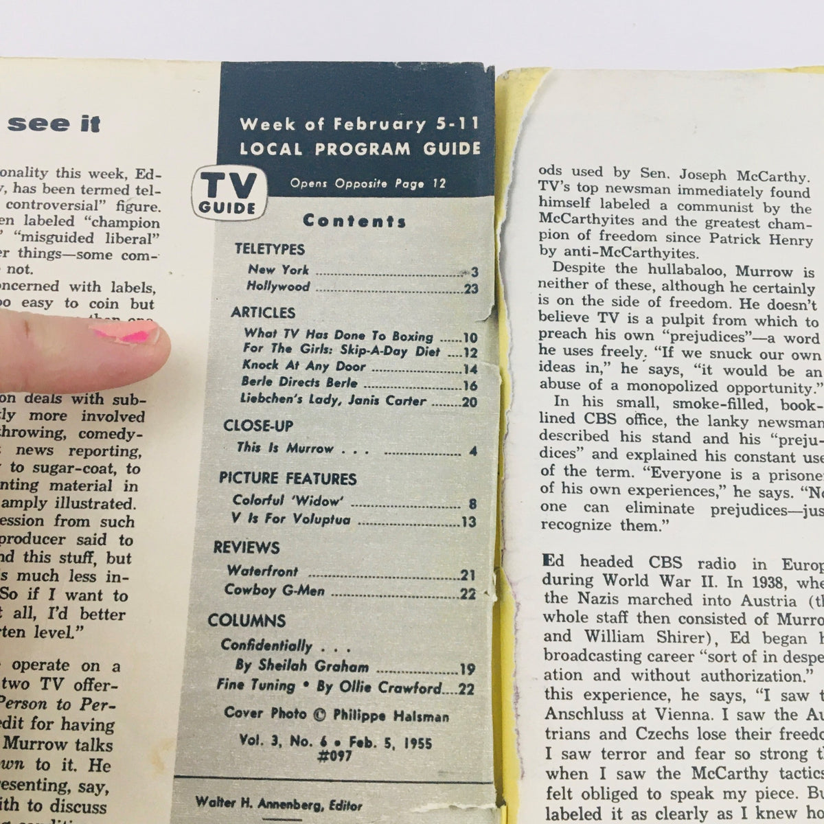 Interior page of TV Guide Magazine, February 5, 1955, Vol 3 #6, displaying the contents including notable articles and program listings from the era of early television.