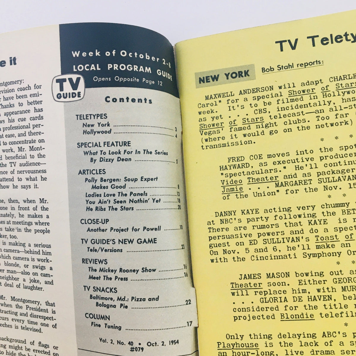 Interior page of TV Guide Magazine October 2 1954, Vol 2 #40 showing content list, articles and special features relevant to classic television.