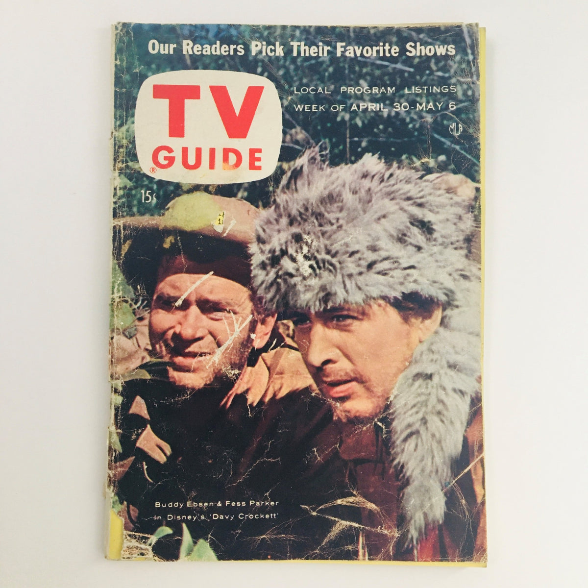 Cover of TV Guide Magazine April 30 1955 featuring Buddy Ebsen and Fess Parker, showcasing their roles in Disney's Davy Crockett.