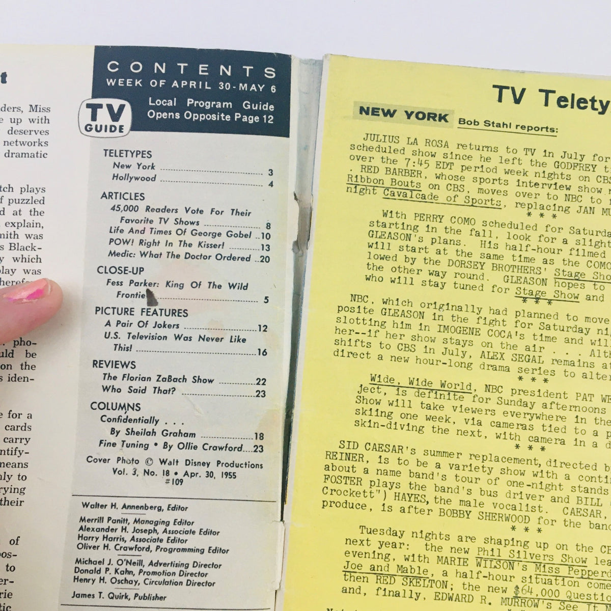 Contents page of TV Guide Magazine April 30 1955, detailing articles and features including Fess Parker and local program listings.