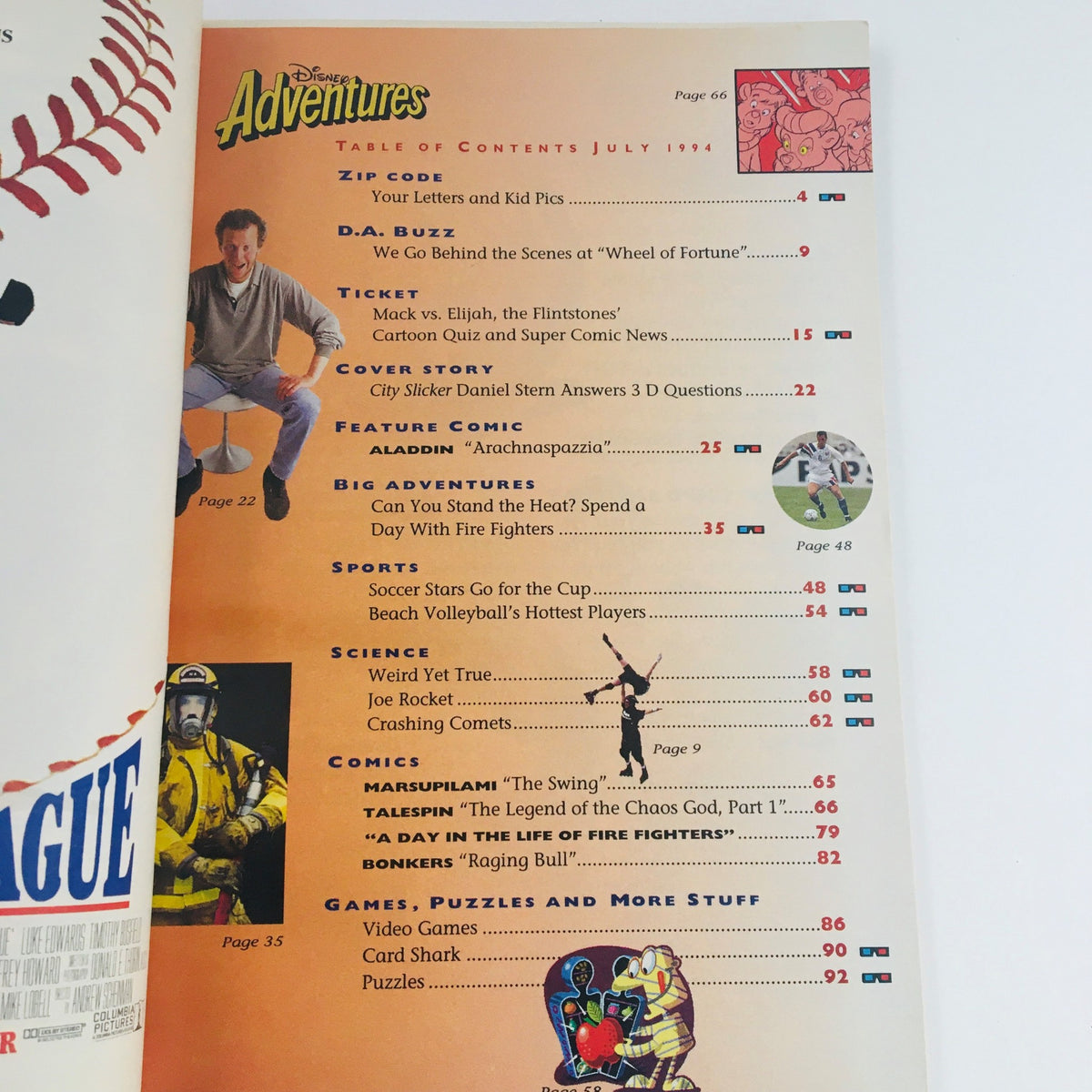 Table of Contents page from Disney Adventures Magazine July 1994 highlighting features including Daniel Stern's cover story and various articles and comics.