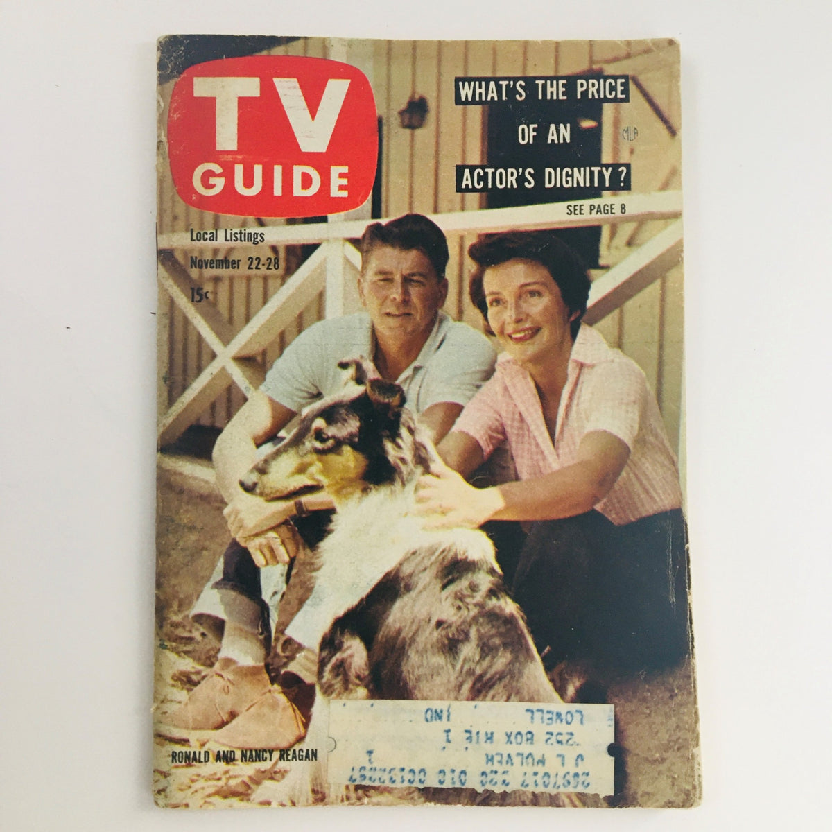 Cover of TV Guide Magazine November 22 1958 Vol 6 #47 featuring Ronald and Nancy Reagan, showcasing their feature story with a dog in a domestic setting.