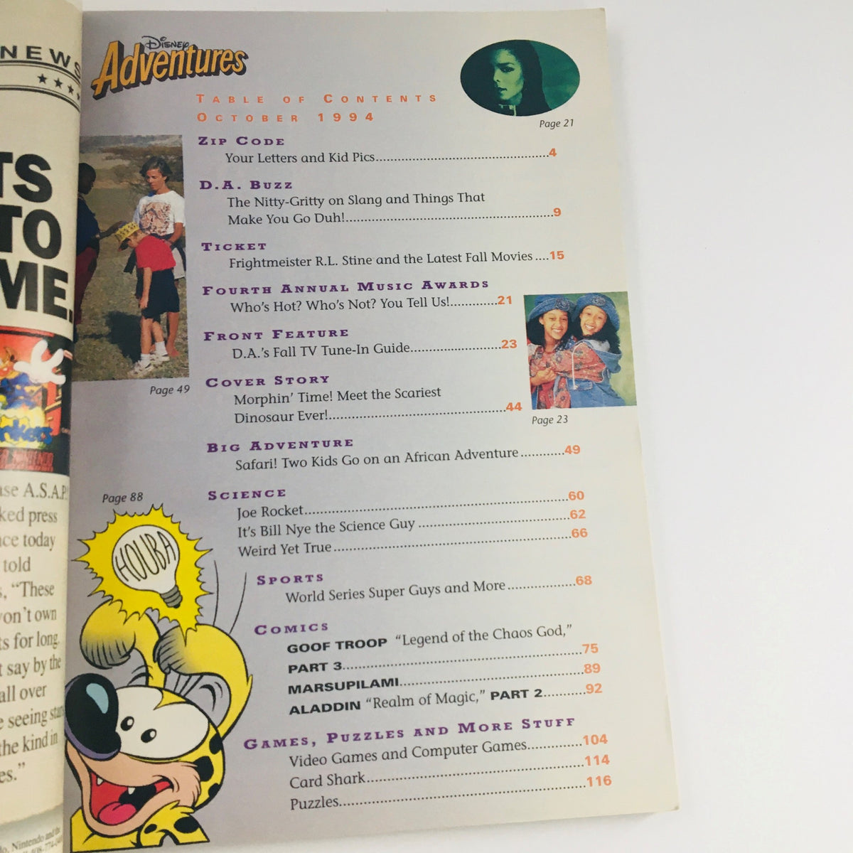Table of contents page from Disney Adventures The Magazine, October 1994 issue, detailing articles including 'Frightmeister' by R.L. Stine and featuring various sections like science, comics, and games.