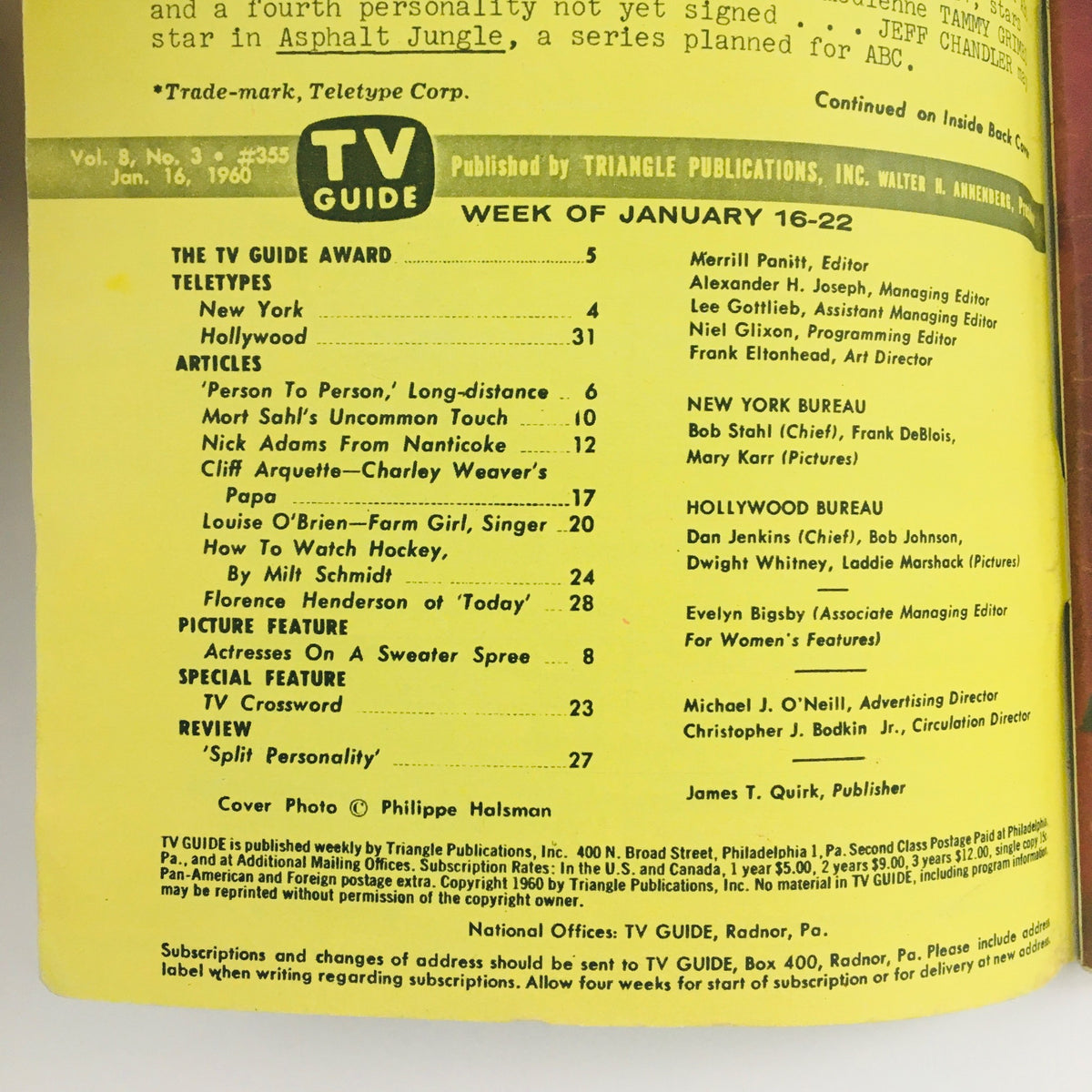 Interior page of TV Guide Magazine January 16 1960, displaying the table of contents and articles including features about Cliff Arquette and television shows from the era.