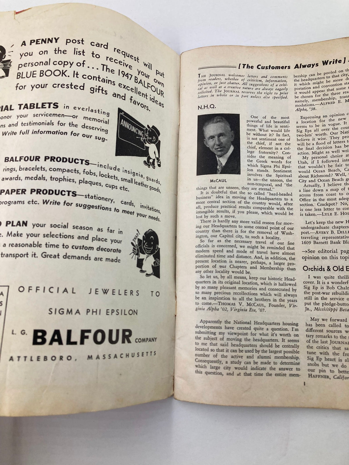 Inside pages of VTG Sigma Phi Epsilon Journal September 1946 displaying advertisements and articles related to fraternity memorabilia.