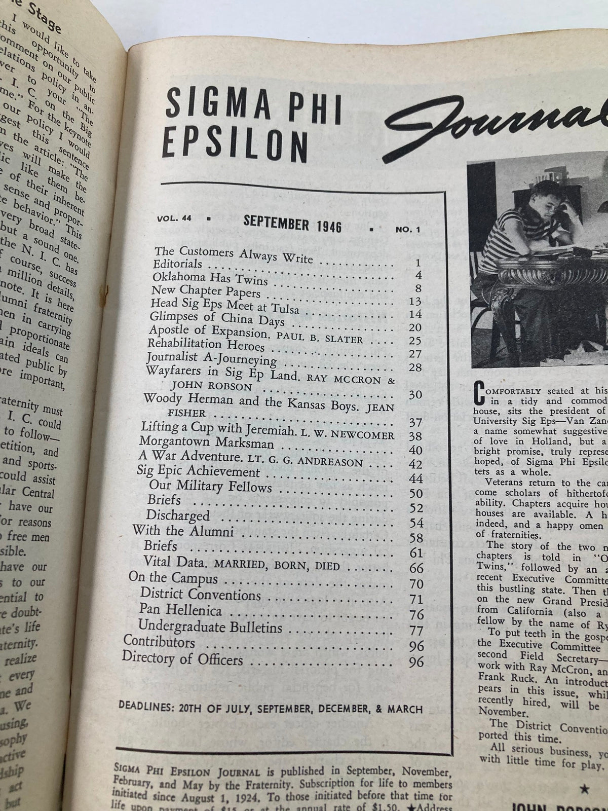 Table of contents from the VTG Sigma Phi Epsilon Journal September 1946 listing featured articles and topics from the era.