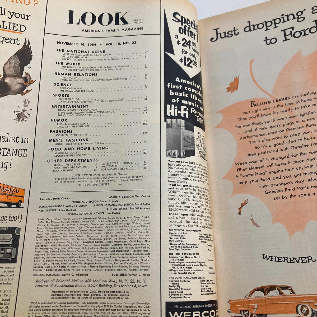 Interior page from VTG Look Magazine November 16 1954 Vol 18 No. 23 detailing contents including articles on culture, fashion, and lifestyle.