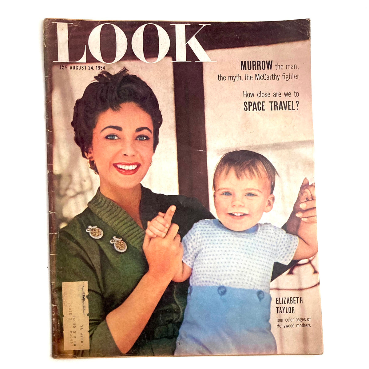VTG Look Magazine August 24 1954 Vol 18 No. 17 featuring Elizabeth Taylor holding her baby, showcasing the glamour of 1950s Hollywood and vintage fashion.