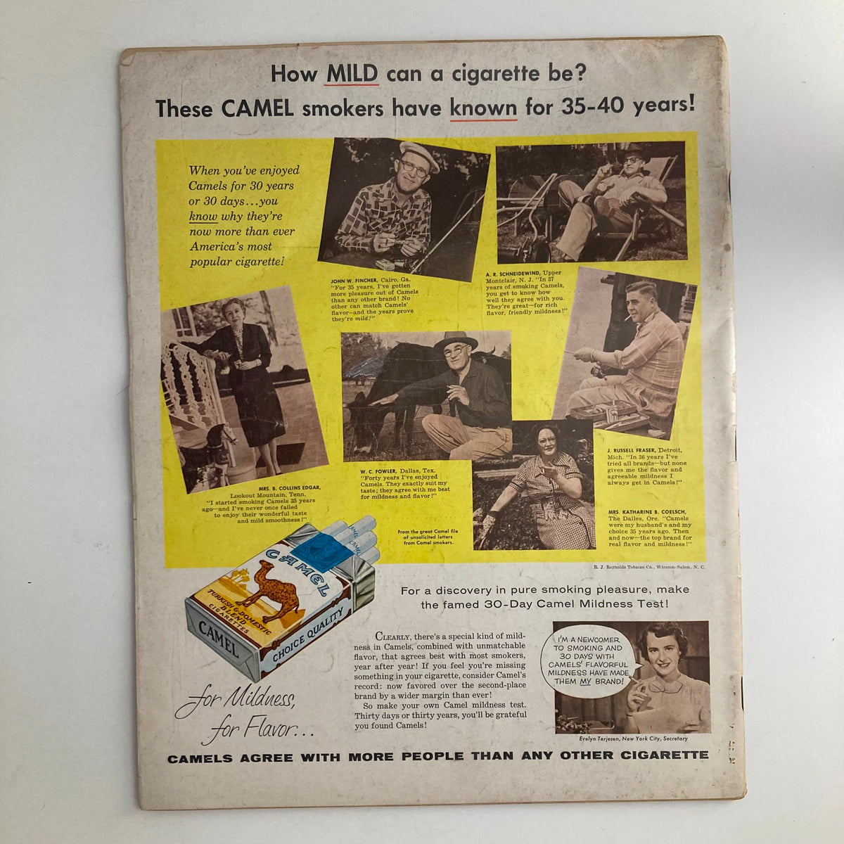 Back cover of VTG Look Magazine August 24 1954 Vol 18 No. 17 showcasing advertisements for Camel cigarettes, including testimonials and promotional graphics.