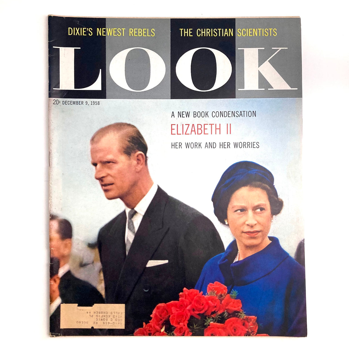 Cover of Look Magazine dated December 9, 1958 featuring Queen Elizabeth II and Prince Philip, showcasing their regal charm amidst vibrant roses.