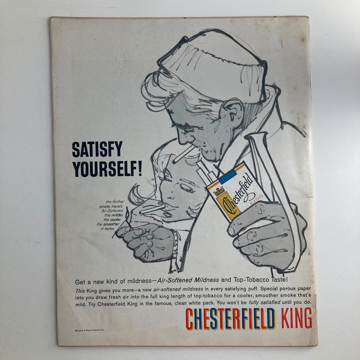 Vintage advertisement from Look Magazine January 31 1961 featuring Chesterfield King cigarettes. The illustration depicts a smiling man and woman, with the text 'Satisfy Yourself!' prominently displayed, showcasing the product's appealing marketing during the early 1960s.