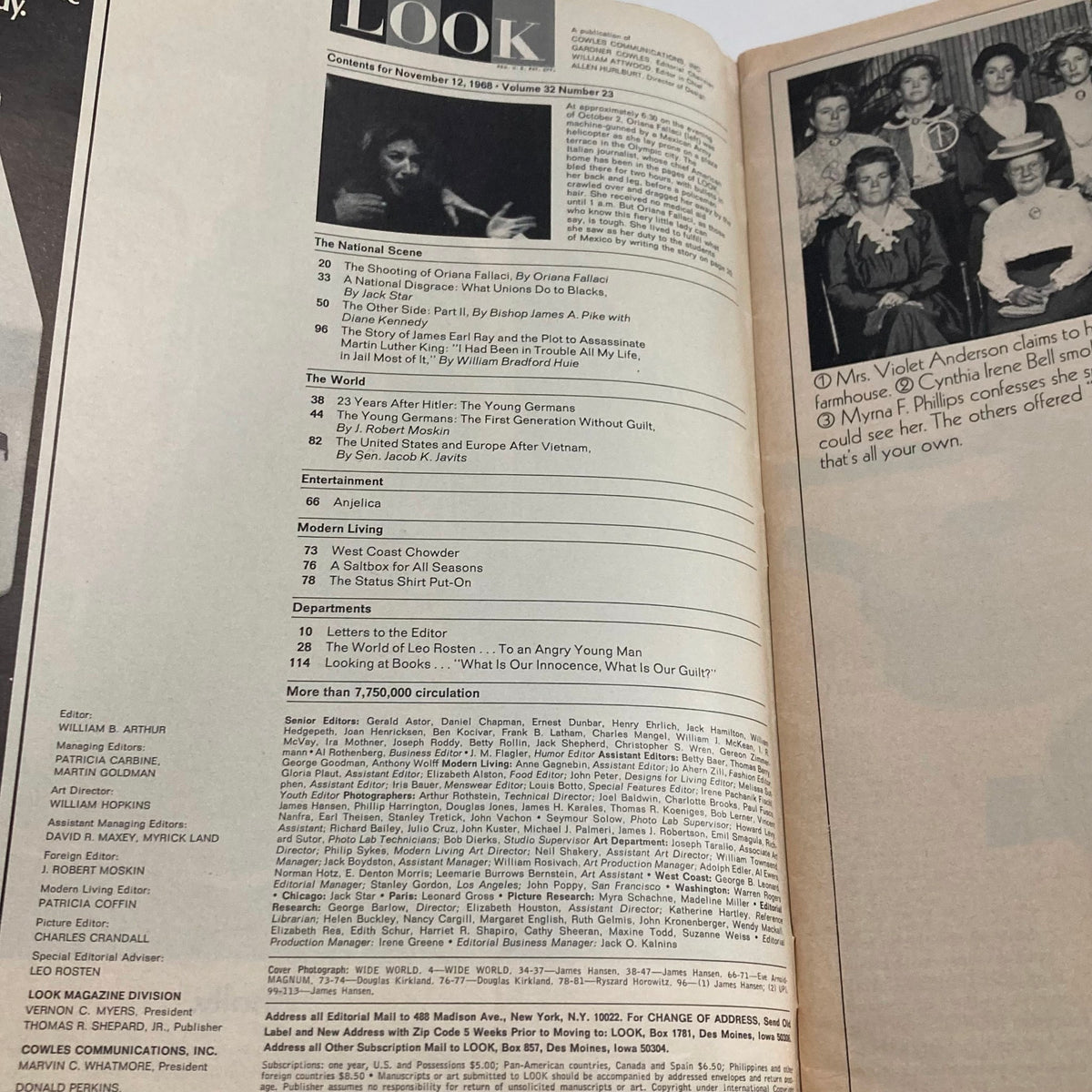 Contents page from VTG Look Magazine November 12, 1968, Volume 32, Number 23, listing articles including the story of James Earl Ray.