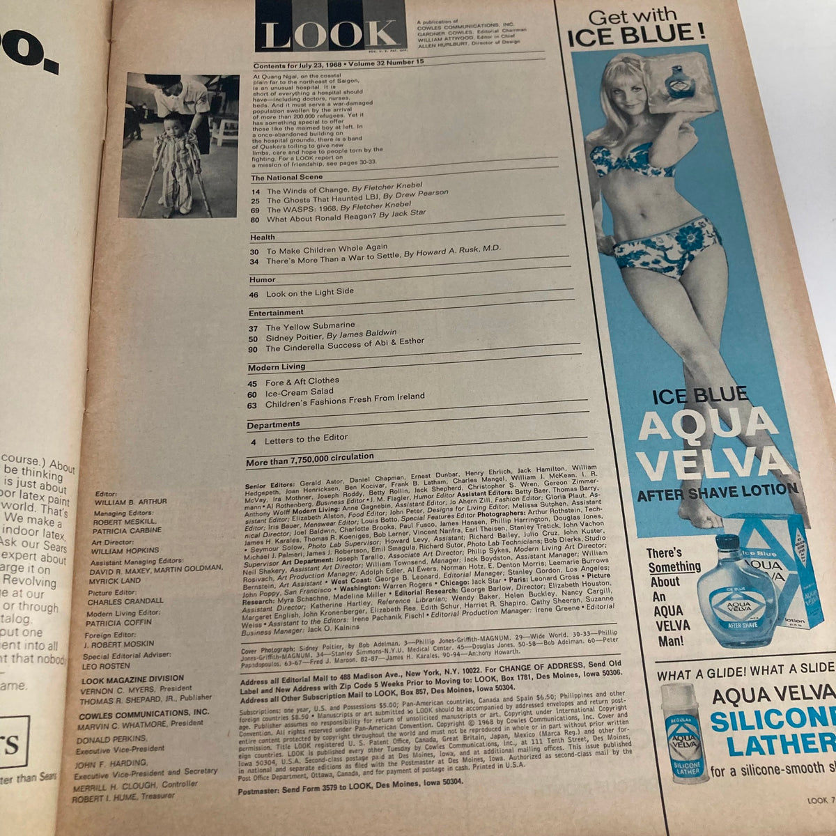 Contents page of VTG Look Magazine July 23, 1968, detailing articles and features, showcasing the magazine's diverse topics and retro design.