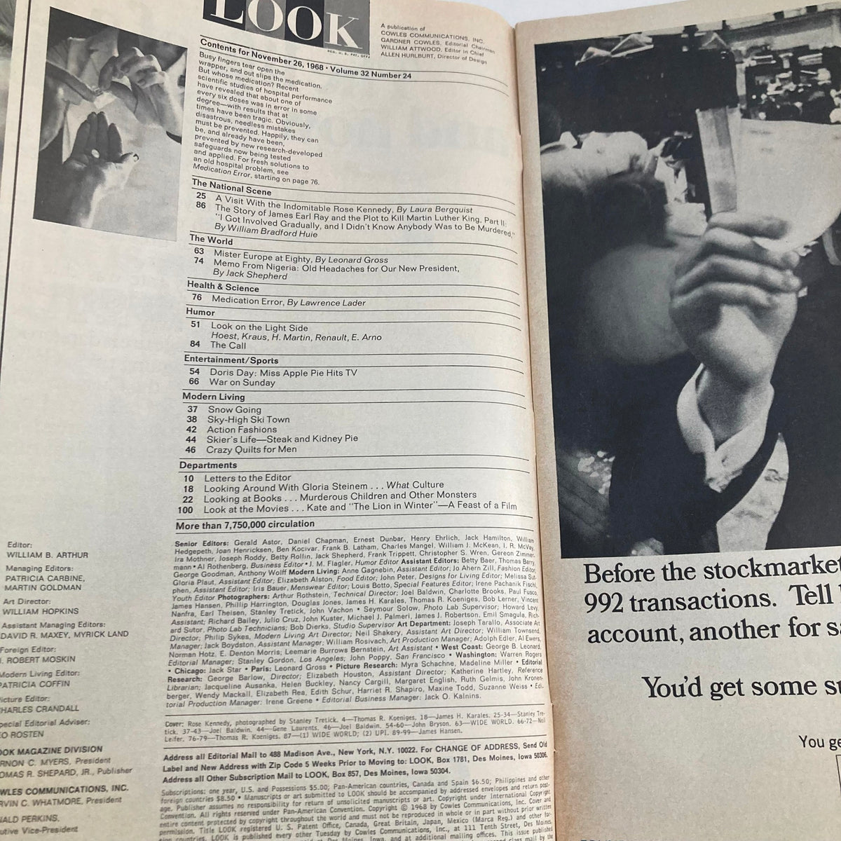 Interior page of VTG Look Magazine from November 26, 1968, including the table of contents for Volume 32, Number 24. The page lists featured articles and topics from the magazine.