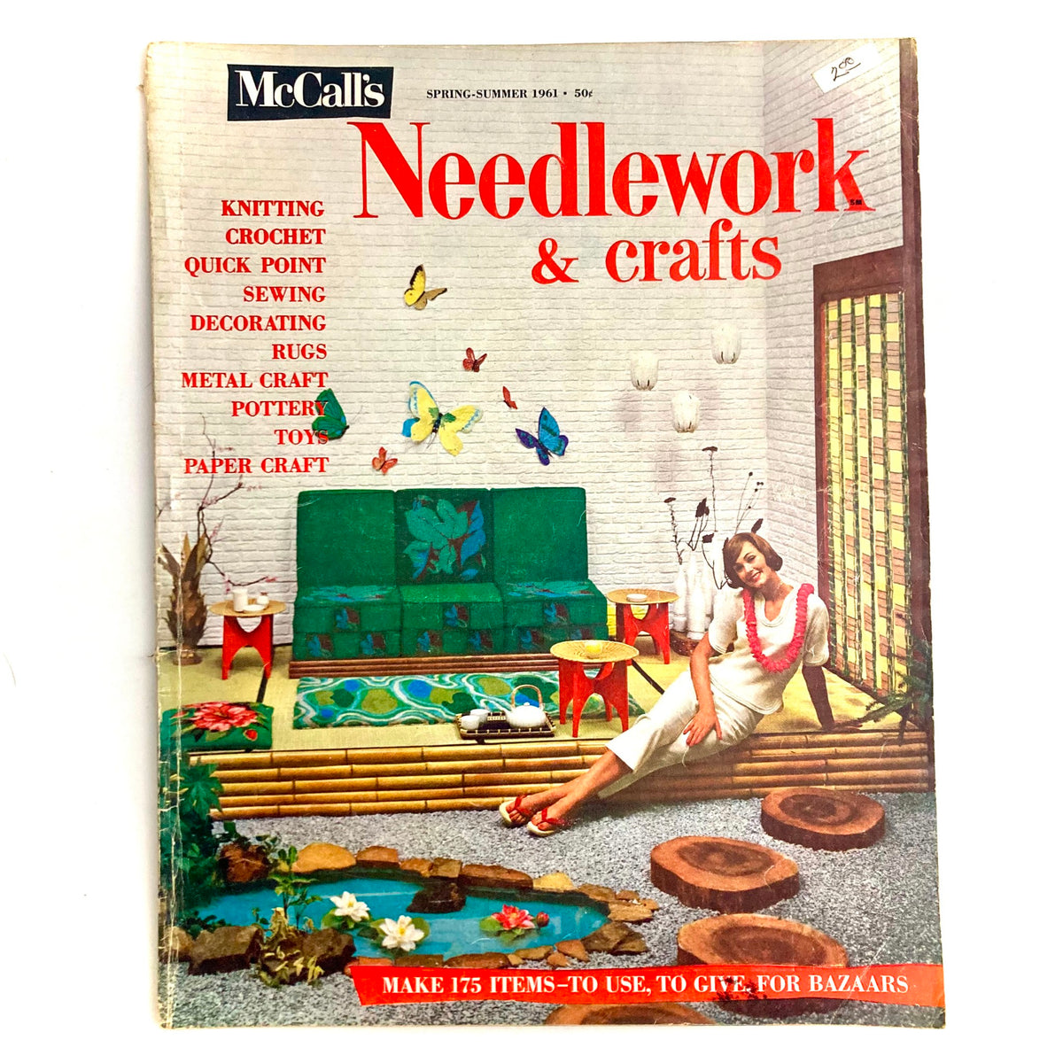 VTG McCall's Needlework & Crafts Magazine Spring-Summer 1961 cover showcasing vibrant embroidery patterns, sewing techniques, and decorative crafts with a retro aesthetic.