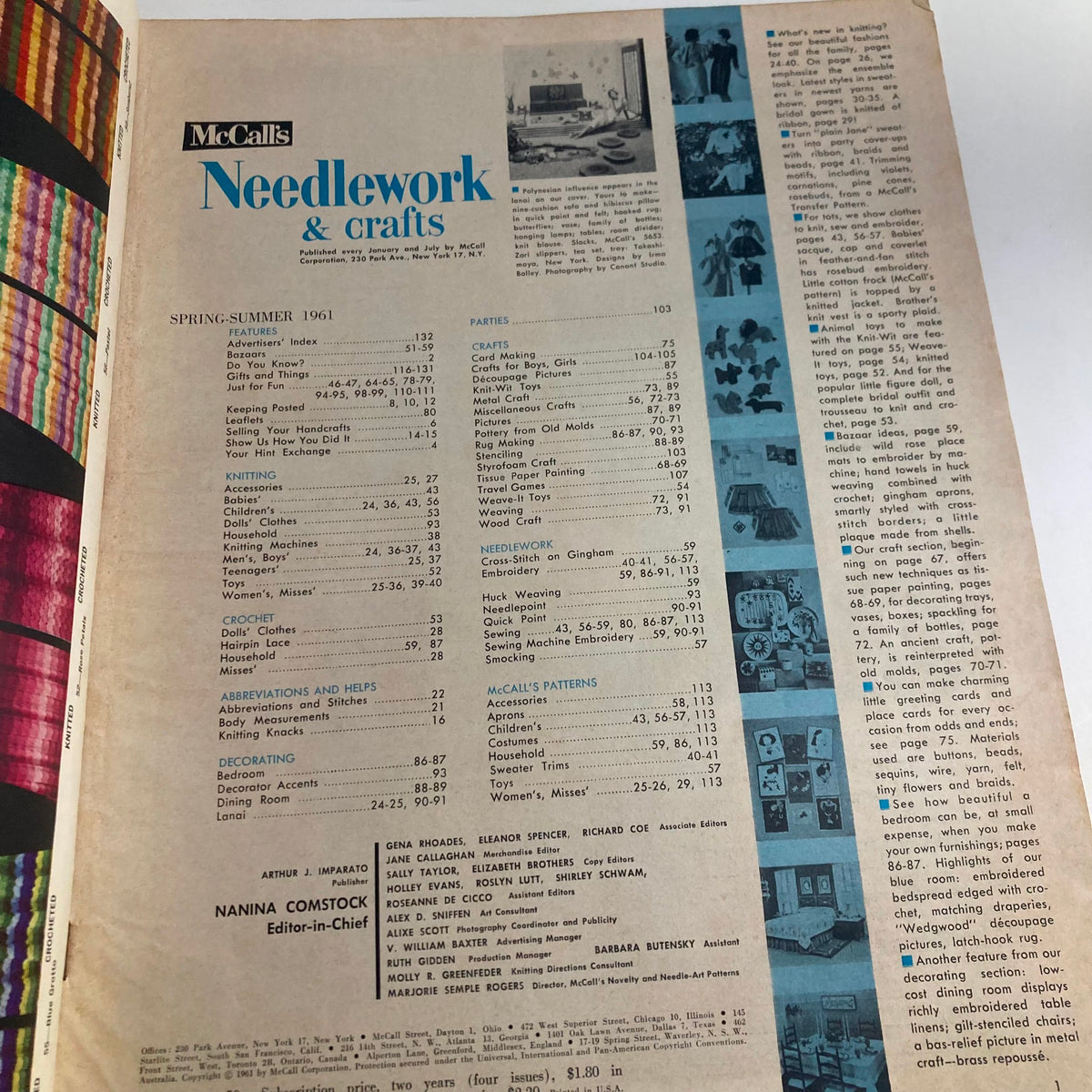 Inside page of VTG McCall's Needlework & Crafts Magazine Spring-Summer 1961 featuring the table of contents, highlighting various needlework topics like knitting, crochet, and paper crafts.