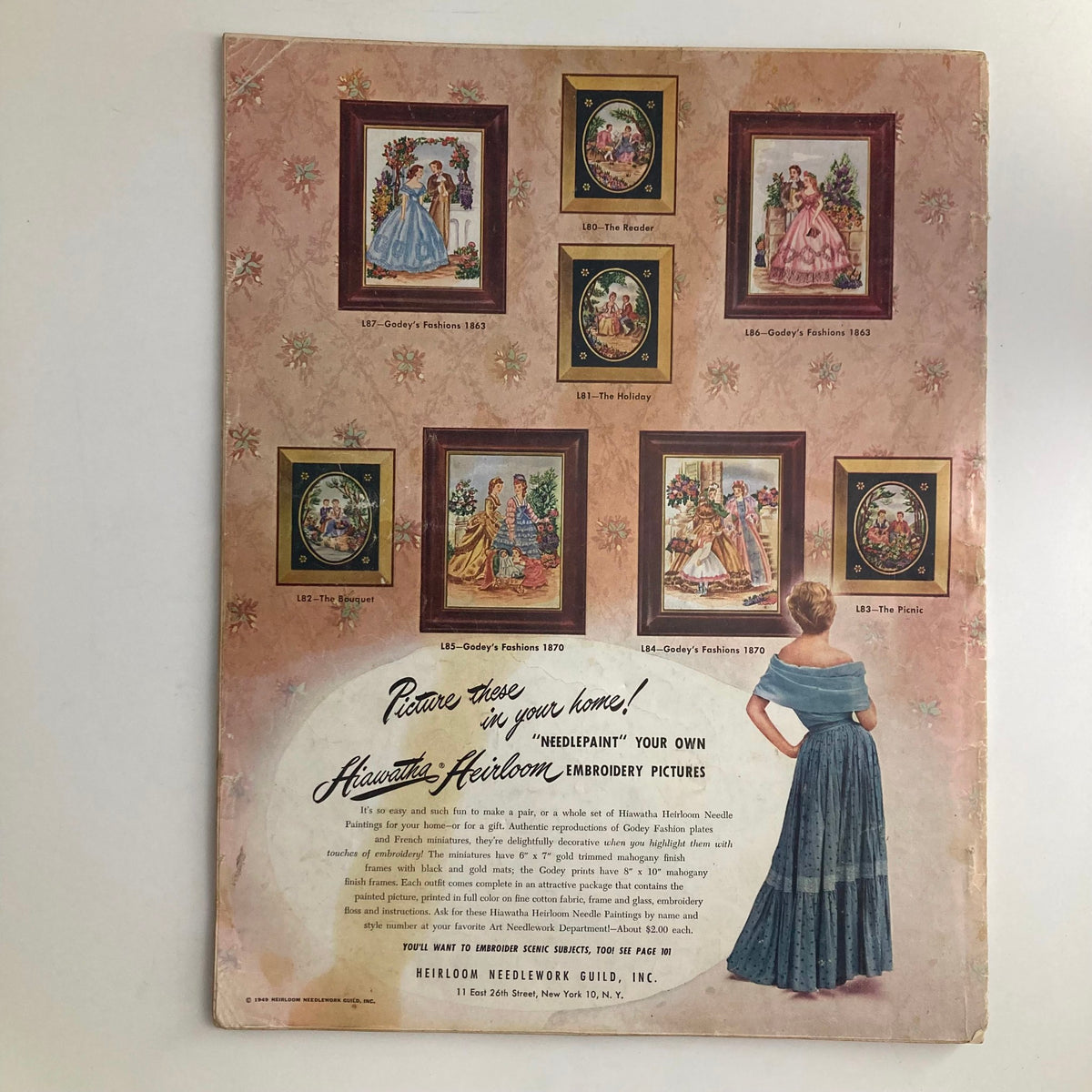Back cover of McCall Needlework Magazine Fall Winter 1950 showcasing vintage embroidery pictures and promotional offers from the Heirloom Needlework Guild.