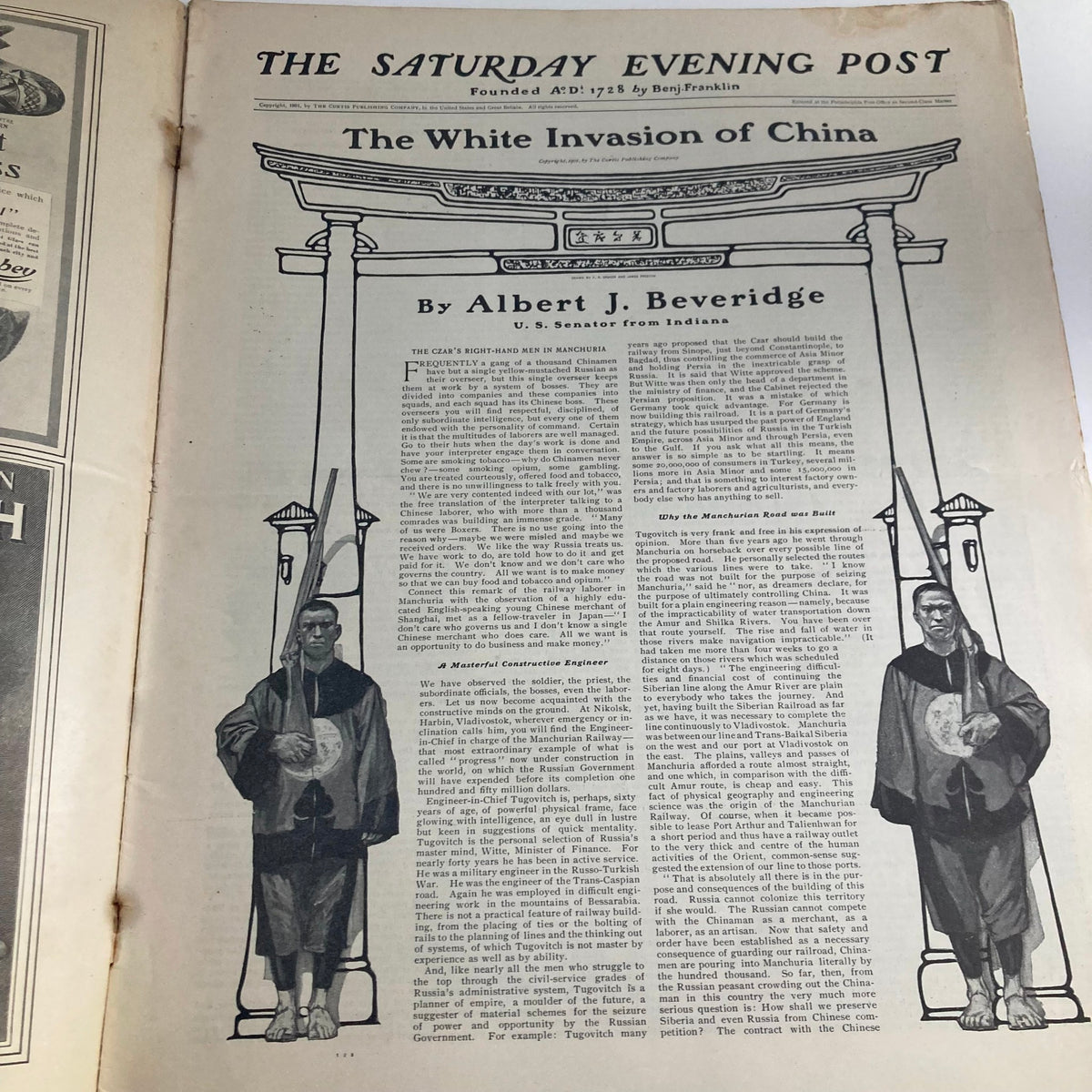 Interior page of the Saturday Evening Post Magazine dated December 7, 1901, featuring an article titled "The White Invasion of China" by Albert J. Beveridge.