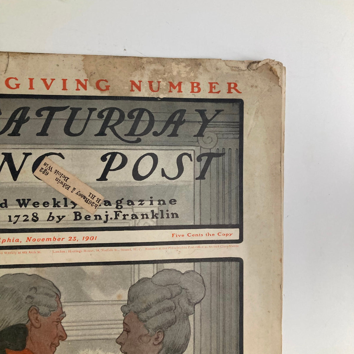 Close-up of the cover art of The Saturday Evening Post Magazine from November 23, 1901, highlighting the historical significance and design elements of this Thanksgiving Number.