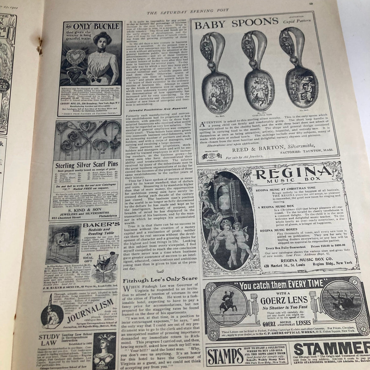 The Saturday Evening Post Magazine November 23, 1901 showcasing advertisements including baby spoons and jewelry as part of its editorial content.