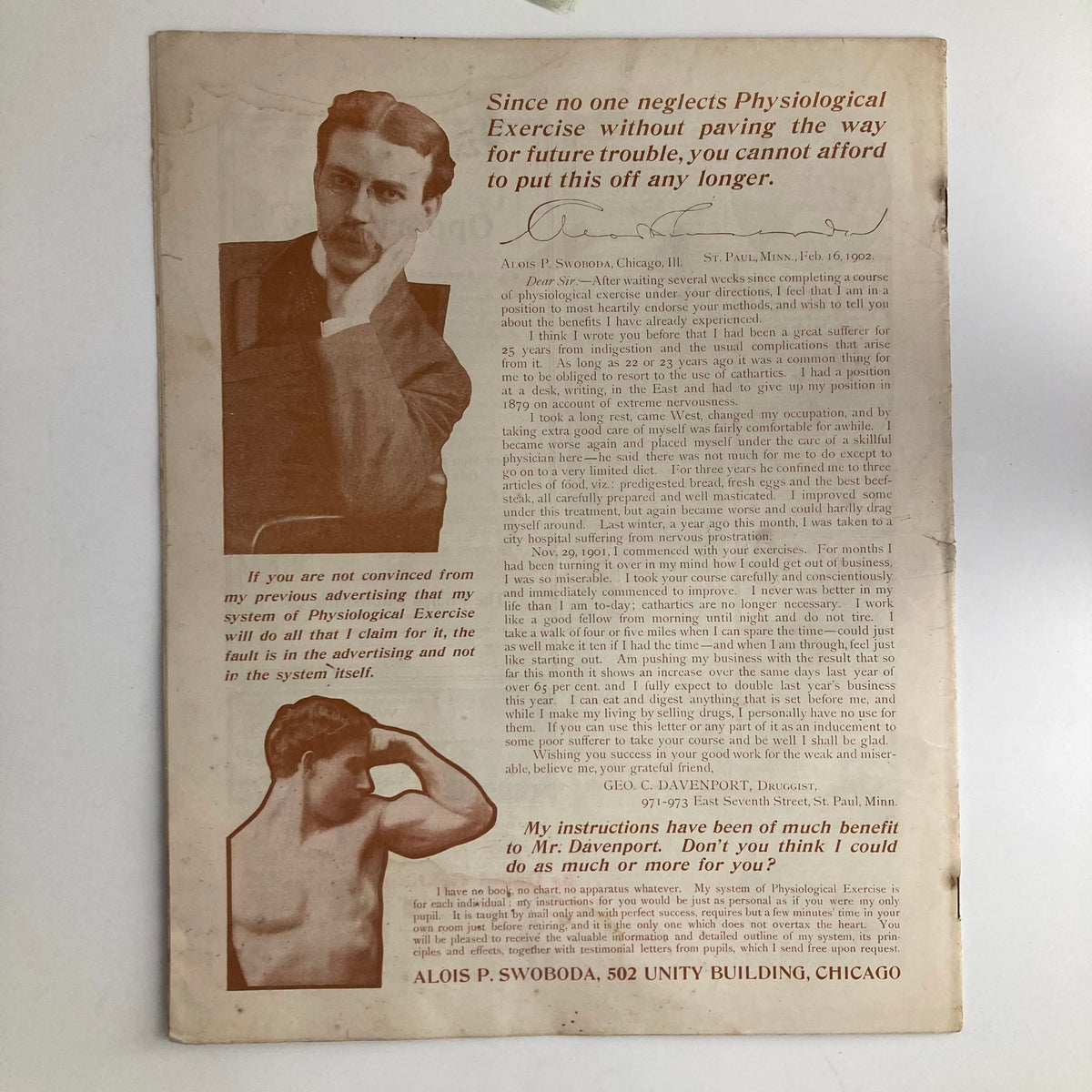 Back cover of Saturday Evening Post Magazine May 17, 1902 showcasing an advertisement for Alois P. Swoboda's health exercise services.