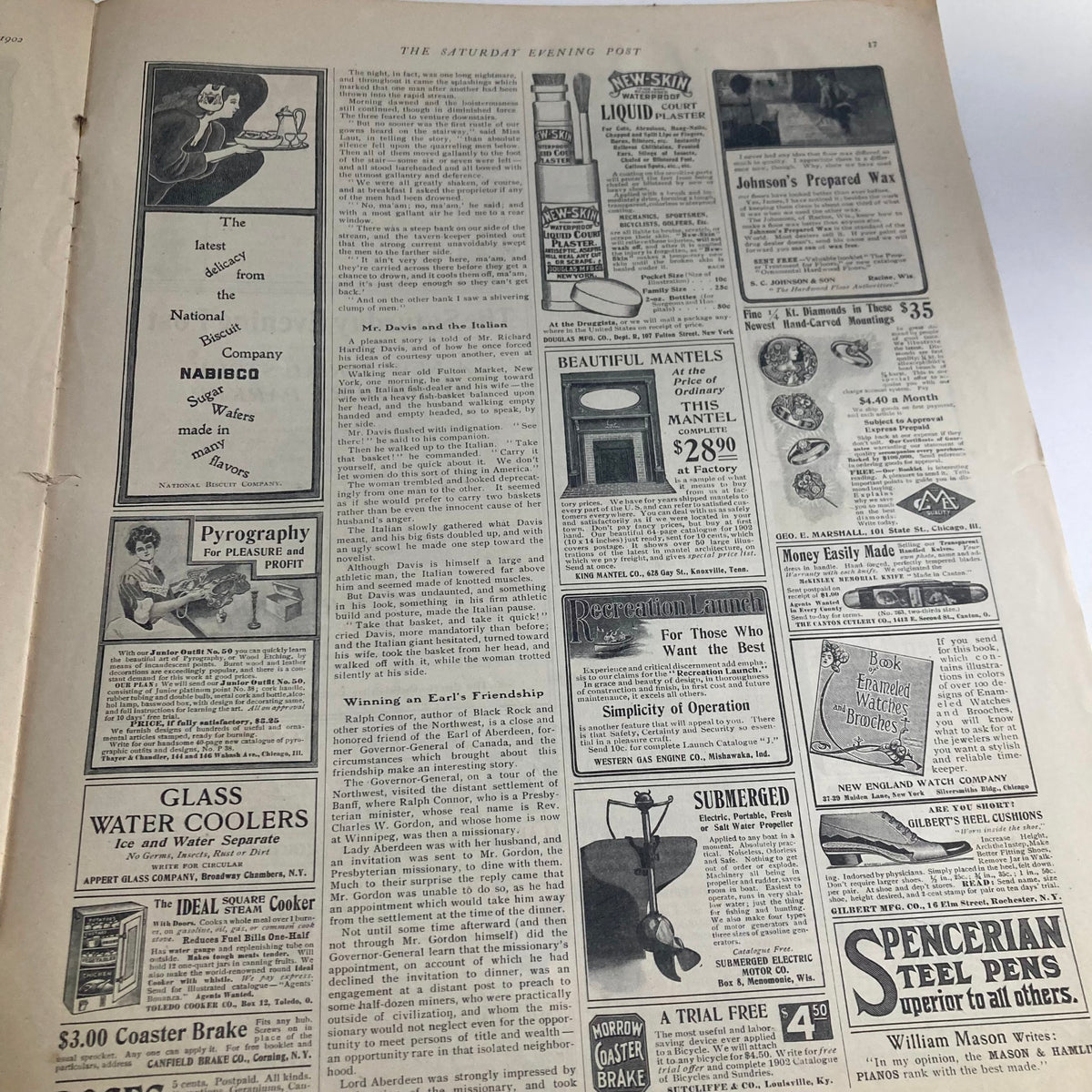 An advertisement-laden page from the Saturday Evening Post Magazine April 5 1902 presenting various products and services, reflecting the consumer culture and marketing of the era.