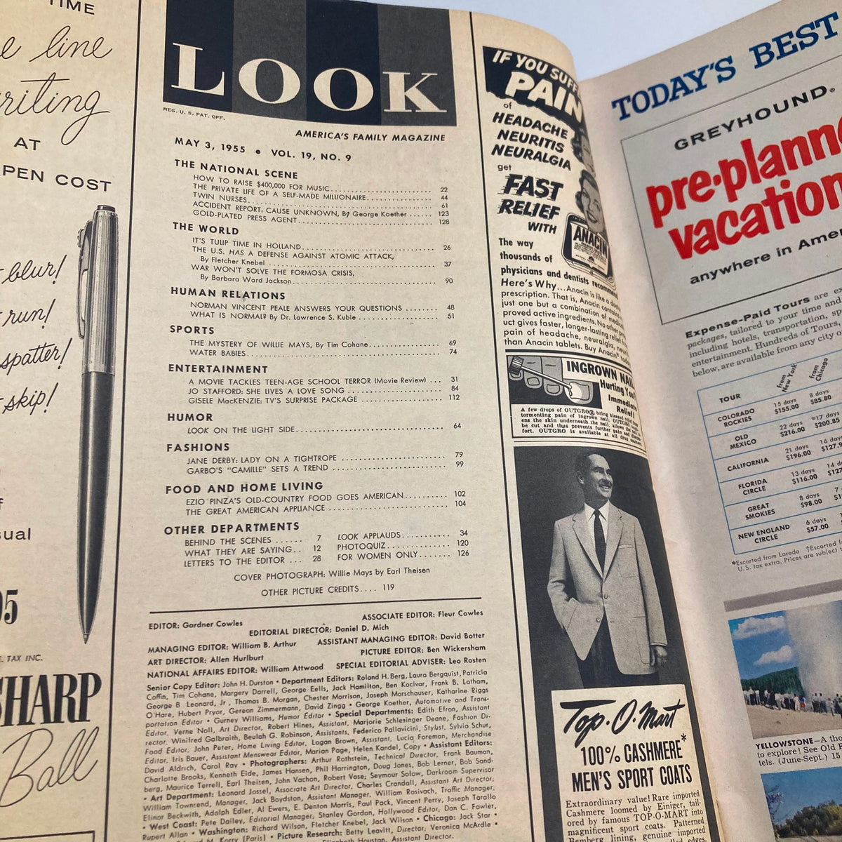 Interior page of VTG Look Magazine from May 3, 1955, Volume 19, Number 9, showcasing the table of contents and various sections including sports and entertainment.