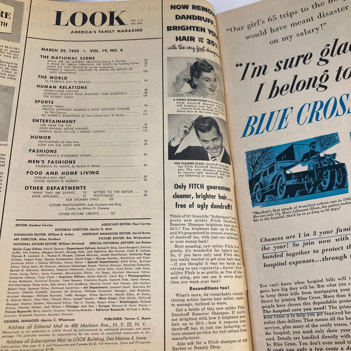 Inside pages of Look Magazine March 22, 1955, Vol 19, No. 6, detailing contents and layout, highlighting the cultural aspects of the 1950s.