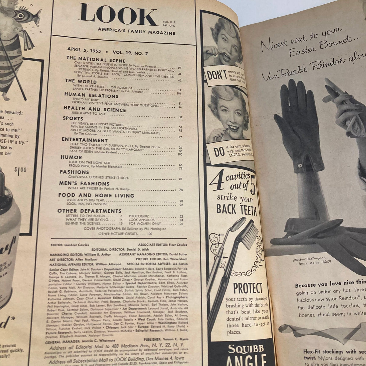 Interior page from Look Magazine, April 5, 1955, showcasing the table of contents. Highlights sections on entertainment and cultural topics relevant to mid-20th century America.