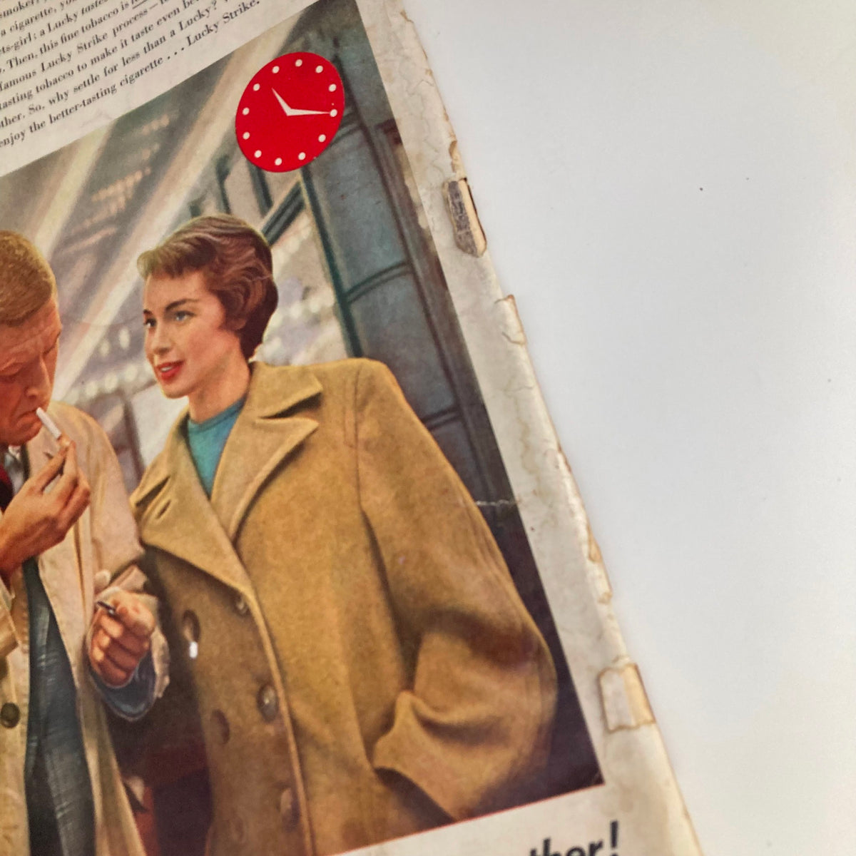 Back cover of Look Magazine, April 5, 1955, featuring a vintage advertisement for Lucky Strike cigarettes, illustrating a couple in a stylish setting with 1950s fashion.