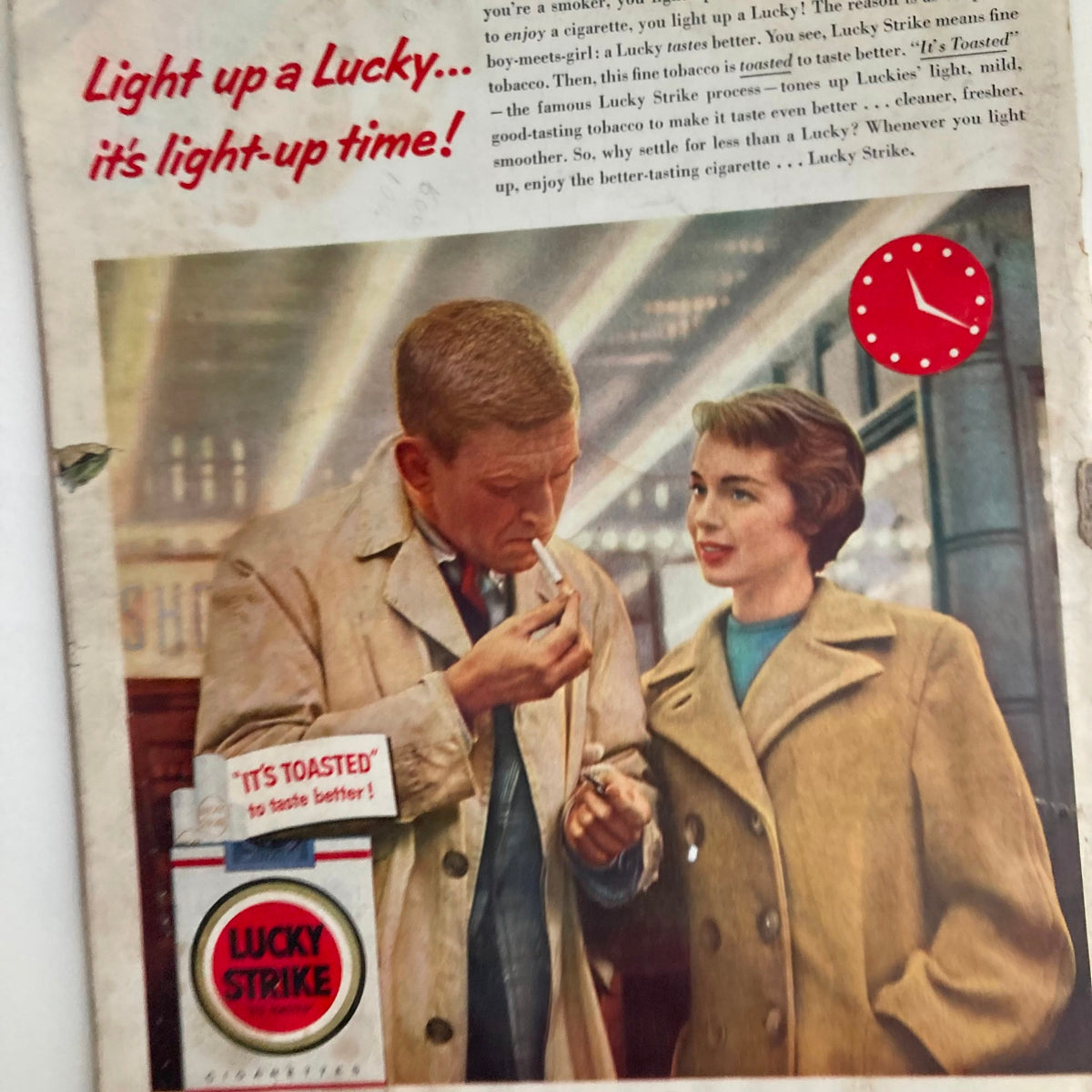 Another view of the back cover of Look Magazine, April 5, 1955, displaying a Lucky Strike ad with a man and woman engaging in conversation, emphasizing the nostalgic cultural aesthetics of the era.