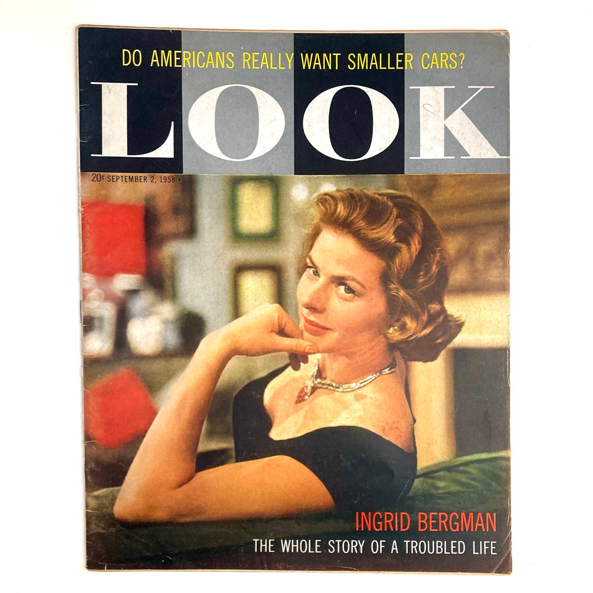 VTG Look Magazine September 2 1958 featuring Ingrid Bergman on the cover, showcasing her iconic style and the headline 'The Whole Story of a Troubled Life'.