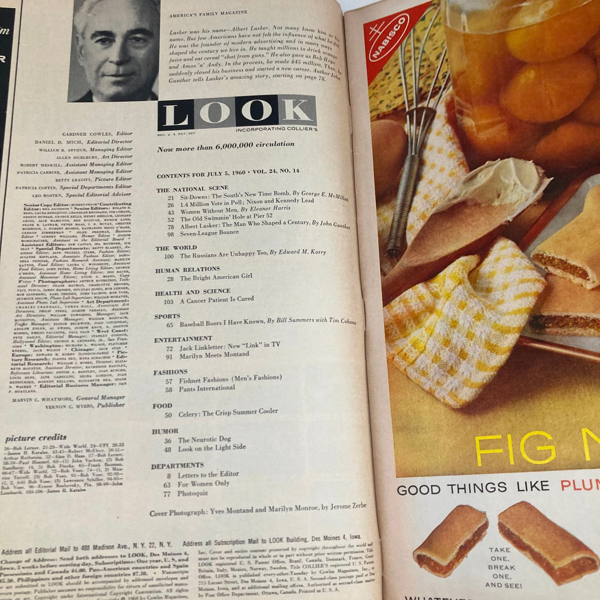 Inside page of the VTG Look Magazine July 5 1960, Vol 24 No. 14 with content overview and articles including Yves Montand and Marilyn Monroe. A historical glimpse into mid-20th-century America.