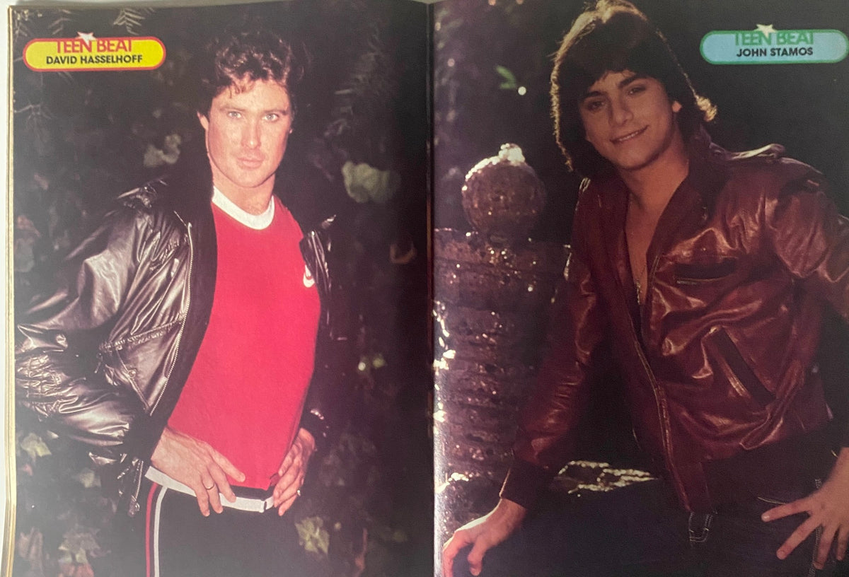 Teen Beat Magazine August 1983 centerfold featuring David Hasselhoff and John Stamos, both dressed in stylish outfits.