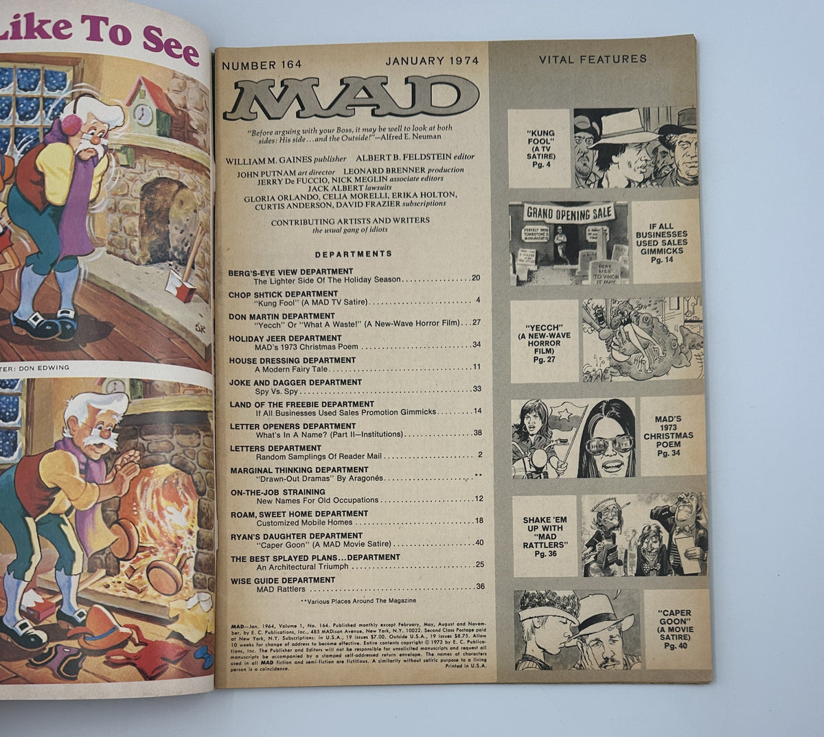 Inside page of MAD Magazine No. 164 January 1974 displaying the table of contents, including features like 'Kung Fool' and 'Caper Goon'.