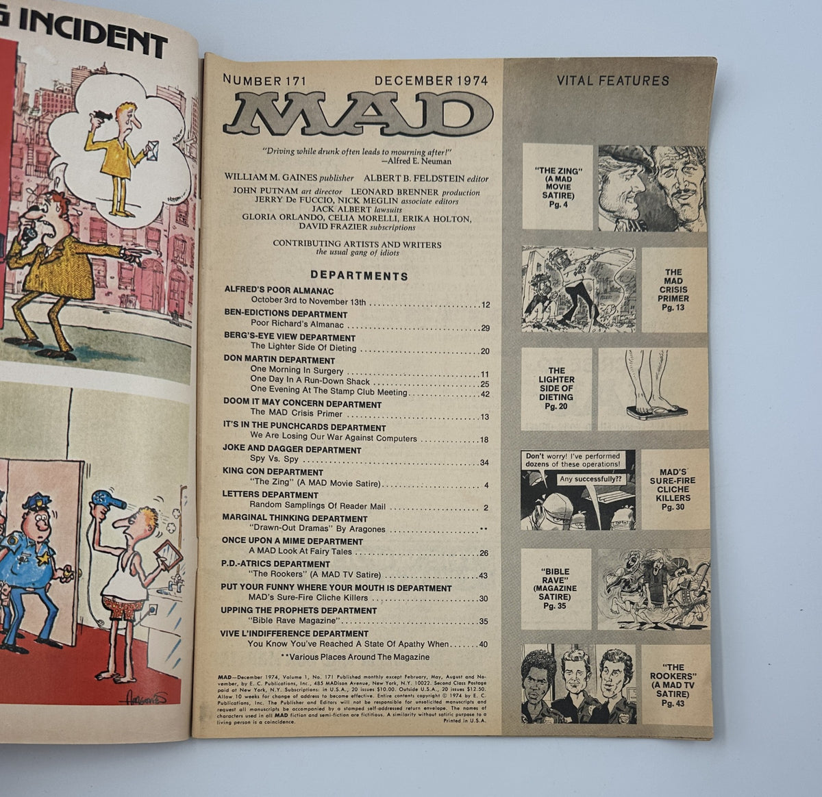 Inside cover of MAD Magazine No. 171 from December 1974 featuring the Table of Contents and sections like 'Alfred's Poor Almanac' and 'Don Martin Department'. This issue, known for its humorous content, is graded Very Good (VG 4.0).