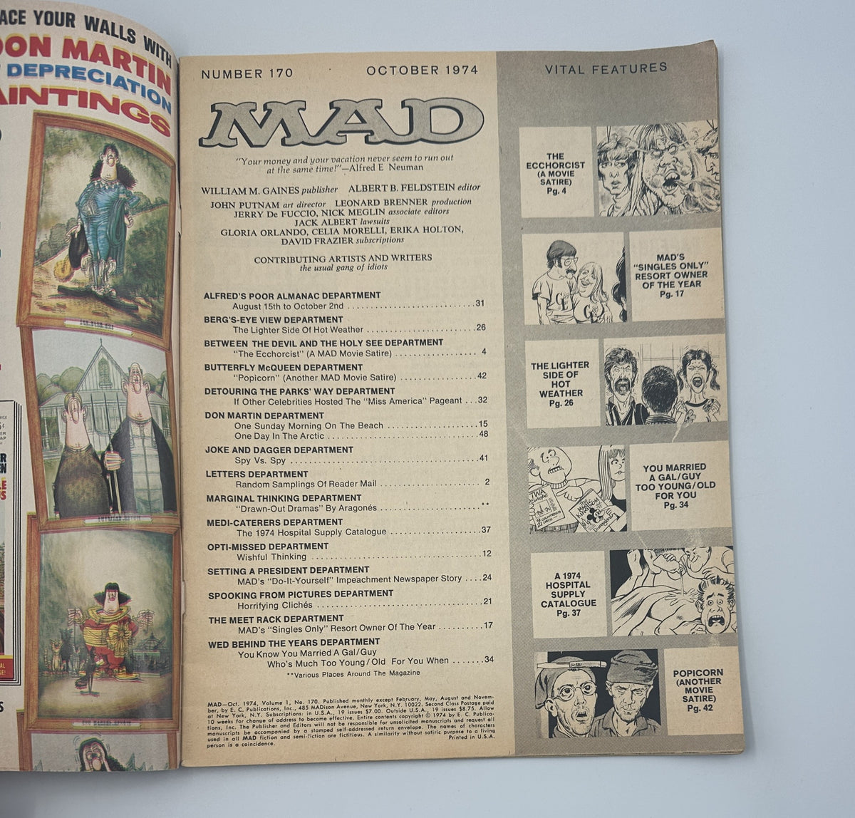 Inside page of MAD Magazine No. 170 from October 1974 showing the Table of Contents and vital features including various comedic departments. The layout reflects the classic MAD Magazine style.