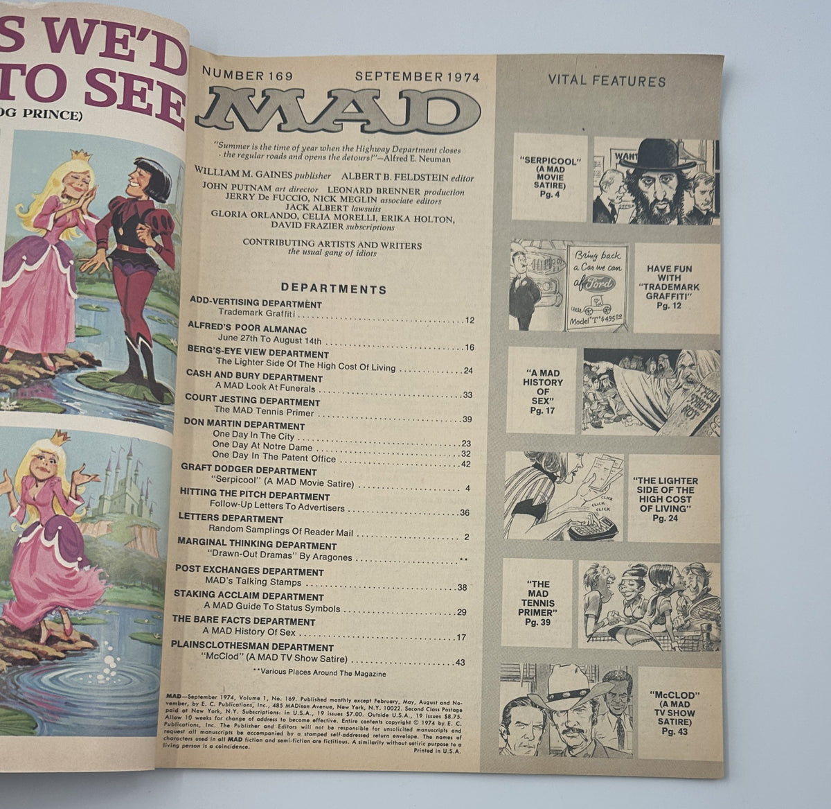 Table of contents page from MAD Magazine No. 169 September 1974. The page lists various departments and features, showcasing the magazine's humor and satire.