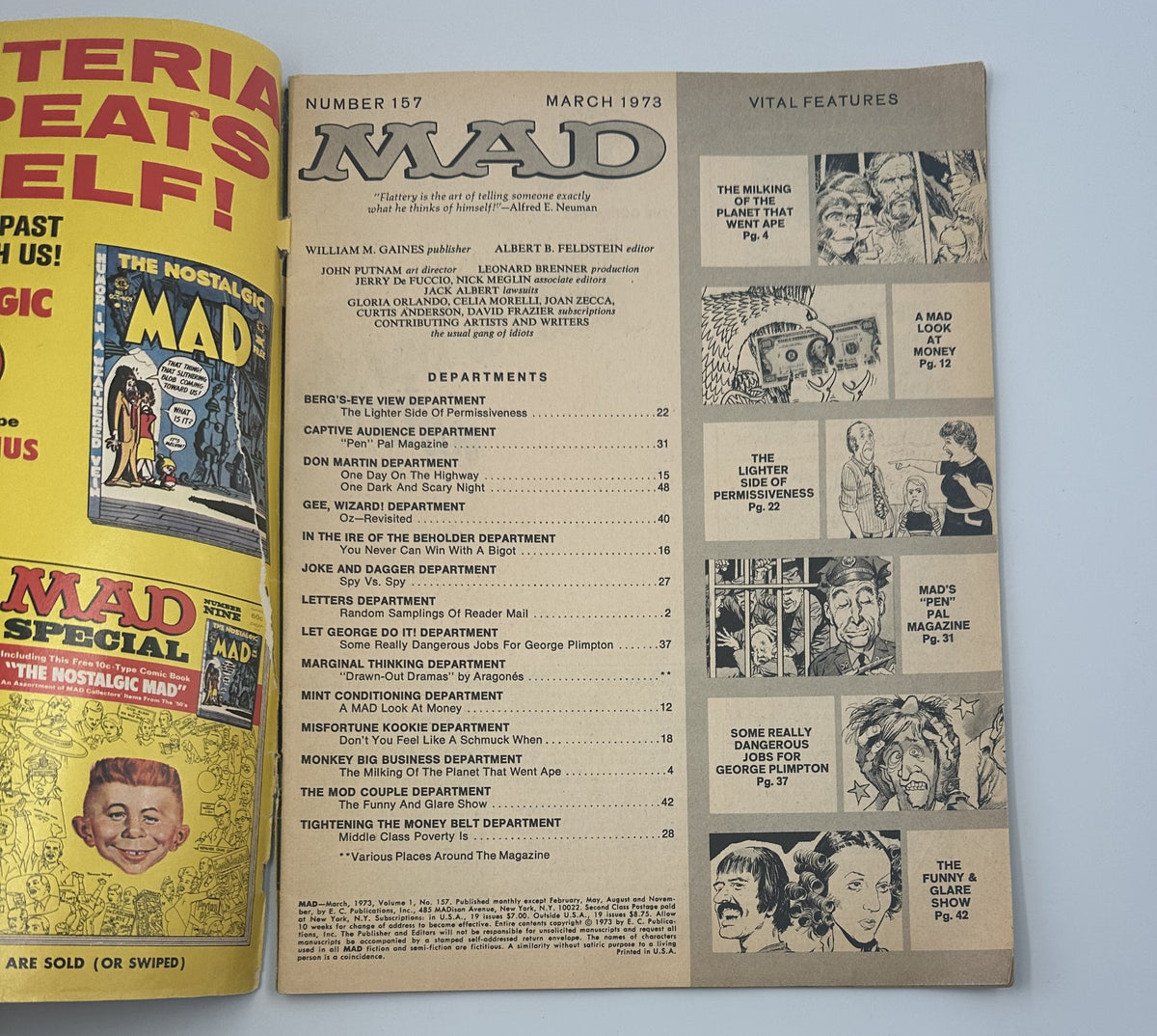 Inside page of MAD Magazine No. 157, March 1973 displaying the table of contents, outlining various humor departments and features of the issue.