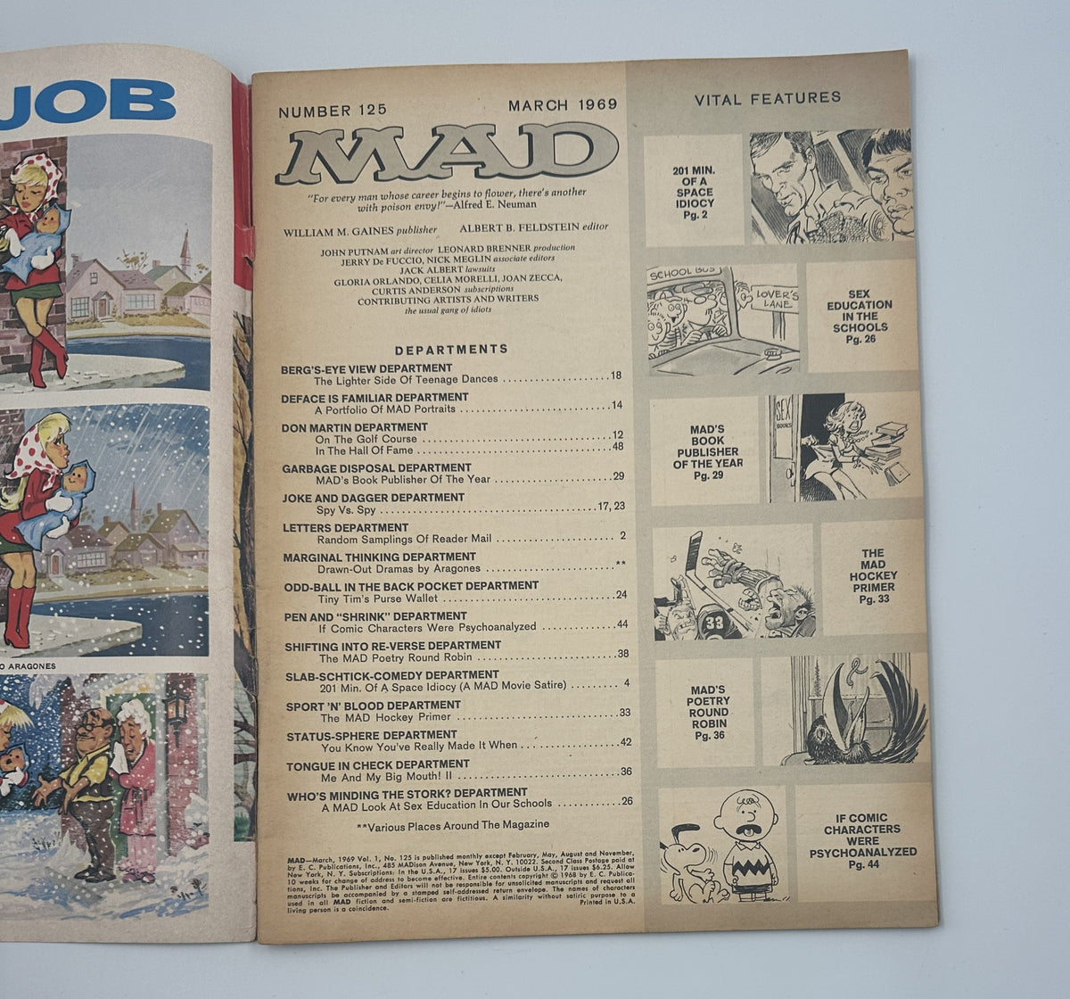 Inside page of MAD Magazine No. 125 from March 1969, displaying the table of contents and vital features, showcasing various sections like 'Berg's-Eye View Department' and 'Deface Is Familiar Department'.