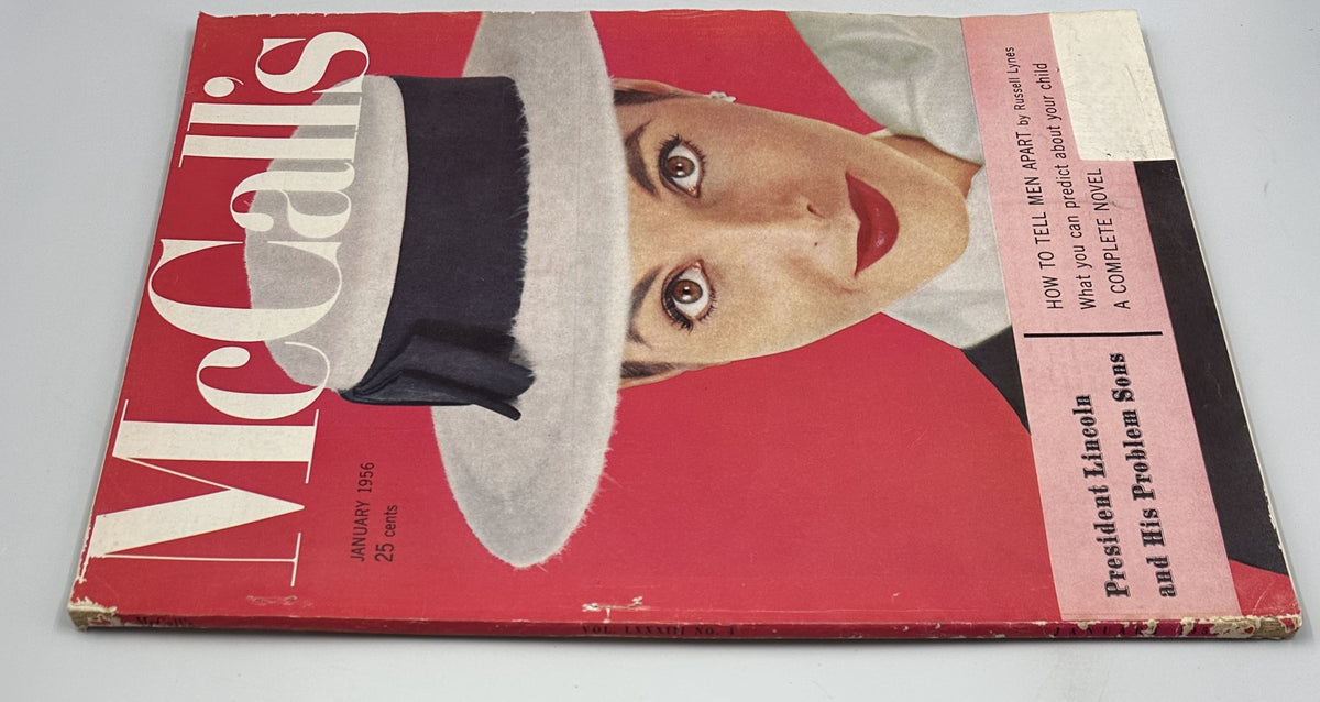 McCall’s Magazine January 1956 cover displaying a close-up of a woman in a fashionable hat, showcasing the title 'President Lincoln and His Problem Sons' alongside 'How to Tell Men Apart' by Russell Lynes.