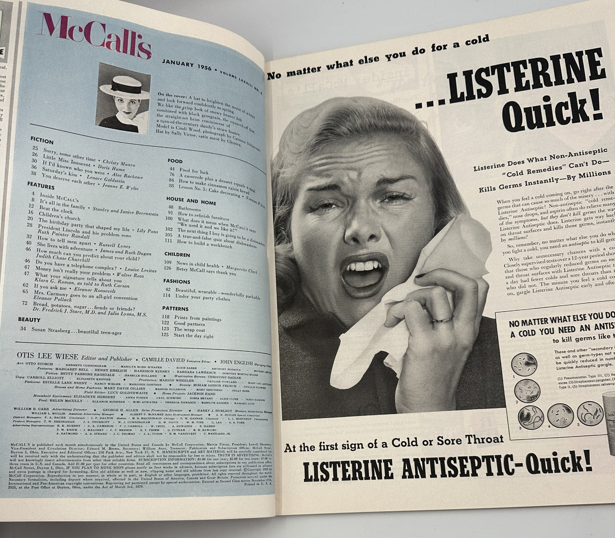 McCall's Magazine January 1956 cover featuring a distressed woman with a cold remedy advertisement for Listerine Antiseptic, accompanied by the table of contents. This vintage magazine explores fiction, food, beauty, patterns, and more from its era.