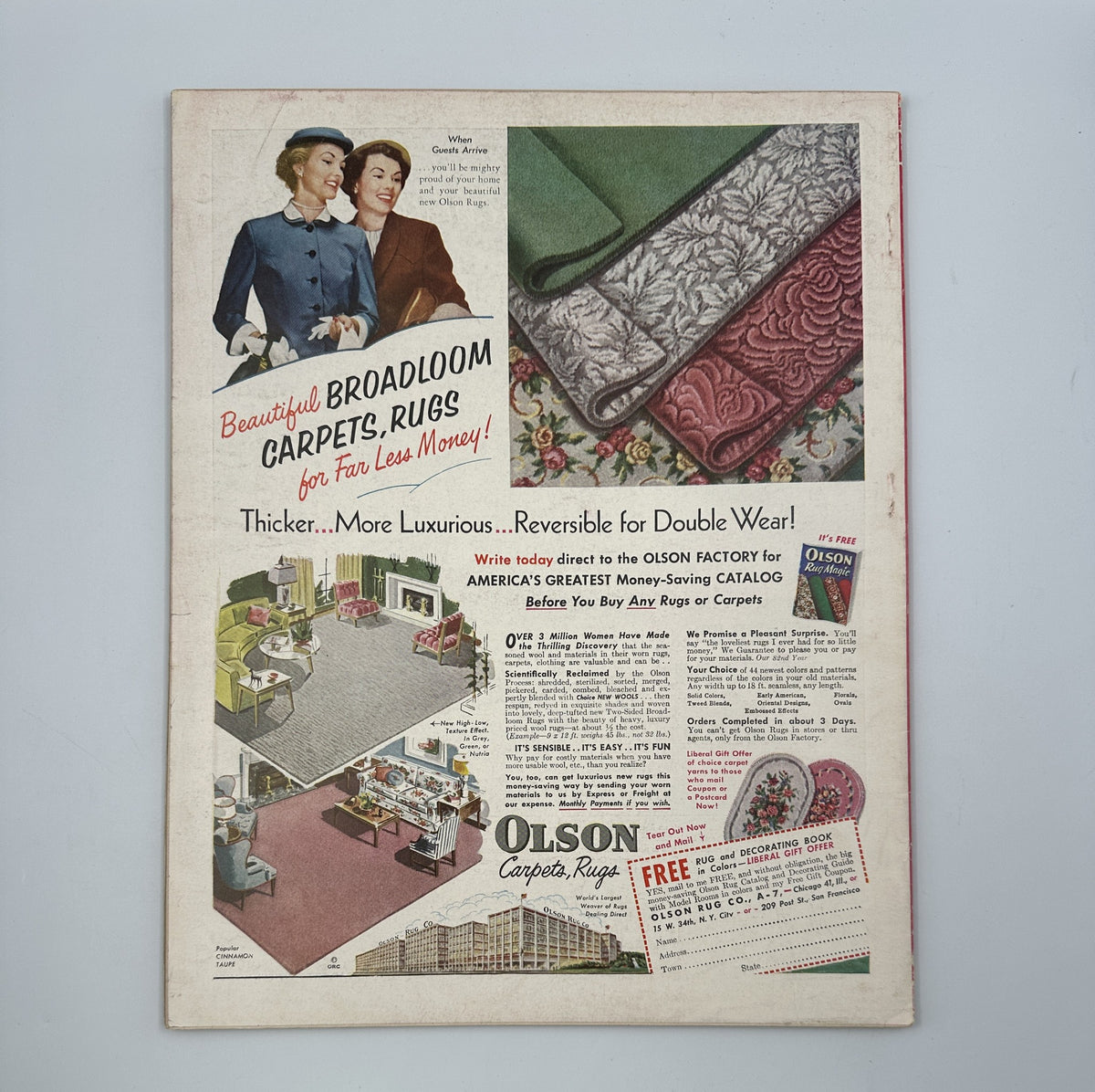 Back cover of McCall's Magazine January 1956 showcasing an advertisement for Olson Carpets and Rugs, featuring stylish home interiors. This issue includes diverse content related to domestic life and design.