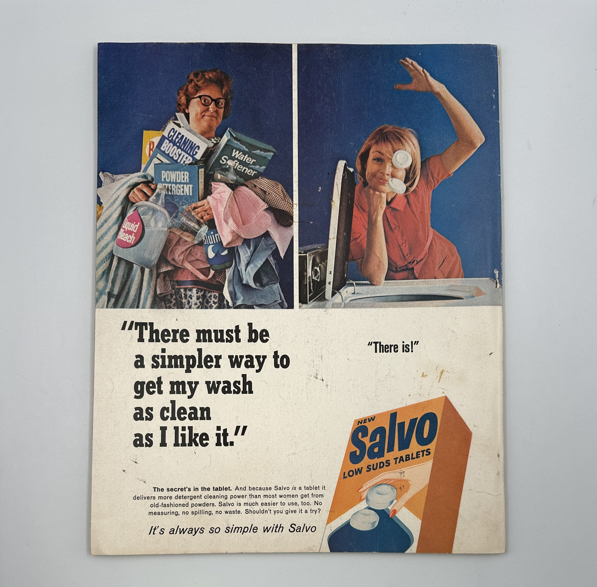 Advertisement from Ladies’ Home Journal Magazine April 1965 featuring a woman with a laundry basket and another woman using a washing machine, promoting Salvo Low Suds Tablets with the tagline 'There must be a simpler way to get my wash as clean as I like it.'