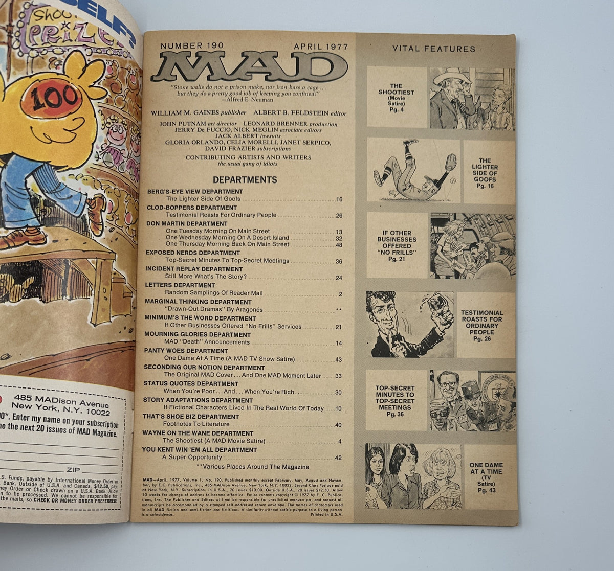 Inside page of MAD Magazine No. 190 from April 1977 showcasing the table of contents, highlighting various departments such as 'Berg's-Eye View', 'Minimum's the Word', and 'Top-Secret Meetings'.