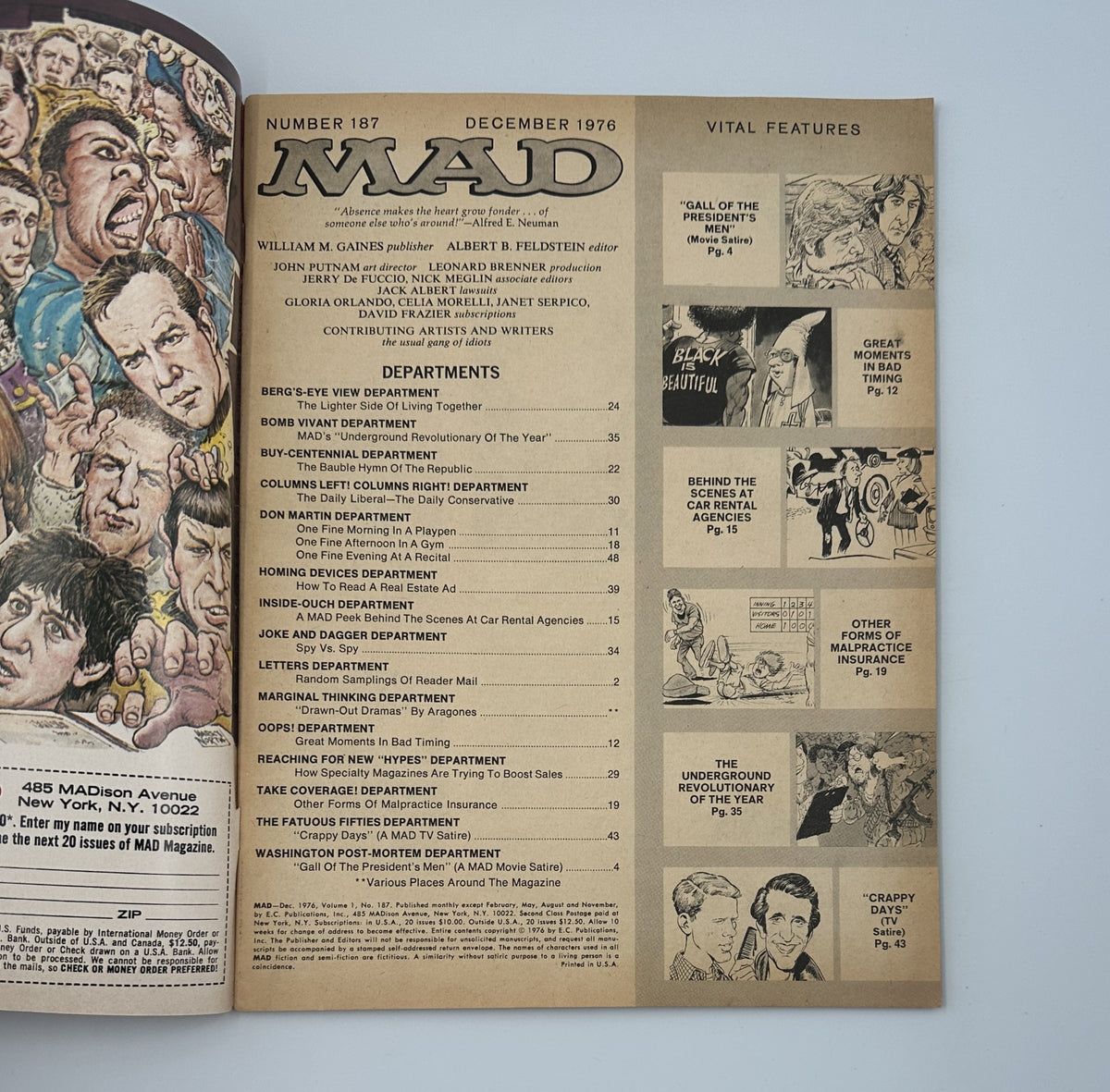 Inside page of MAD Magazine No. 187 December 1976 displaying the Table of Contents and vital features of this issue, highlighting various humorous departments.