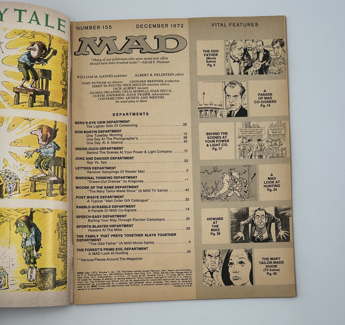 Interior pages of MAD Magazine No. 155 December 1972 displaying the table of contents and listing various comedic departments and features.